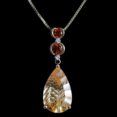 Lot 366 - A citrine, diamond and orange gemstone pendant on a chain, and matching drop earrings.