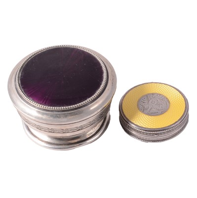 Lot 354 - Wwhite metal patch box (?), and a plated compact