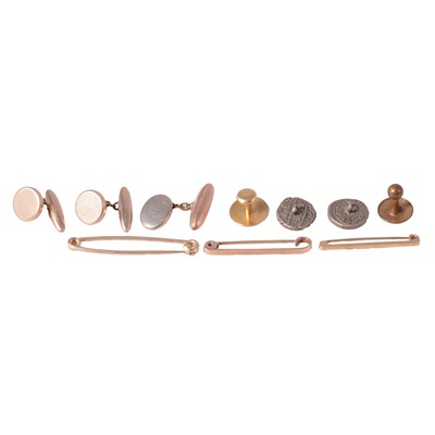 Lot 296 - A collection of dress studs and three tie bars in gold, gold-plated, base metal.