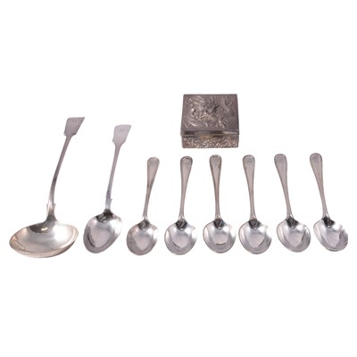 Lot 99 - A Chinese white metal cigarette box, silver-plated soup ladle, gravy spoons, six table spoons.