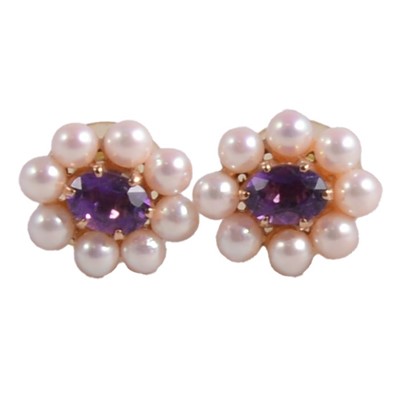 Lot 180 - A pair of amethyst and pearl cluster earrings.