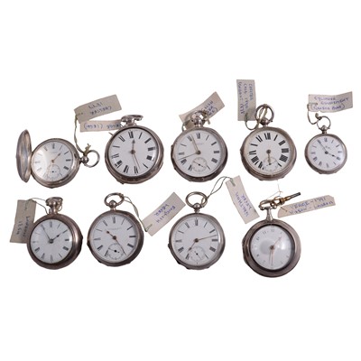 Lot 1039 - Nine silver pocket watches, and some watch keys.