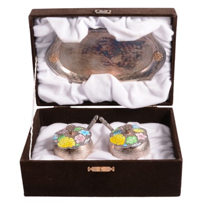 Lot 368 - Korean white metal and enamel salt set.