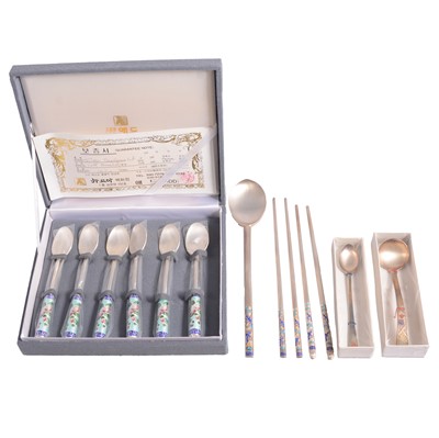 Lot 234 - Collection of Korean white metal and enamel cutlery.