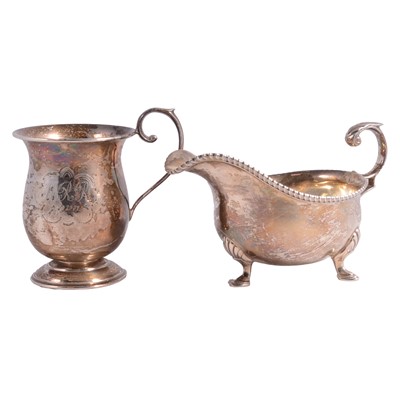 Lot 359 - Silver sauceboat, Harrison Brothers & Howson, Sheffield 1944, and silver Christening mug.