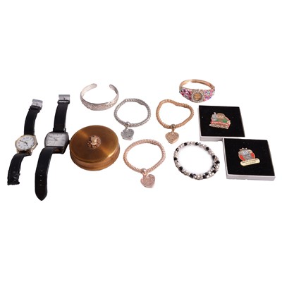 Lot 571 - A collection of costume jewellery, fashion wristwatches, and Liverpool Football Club Badges.