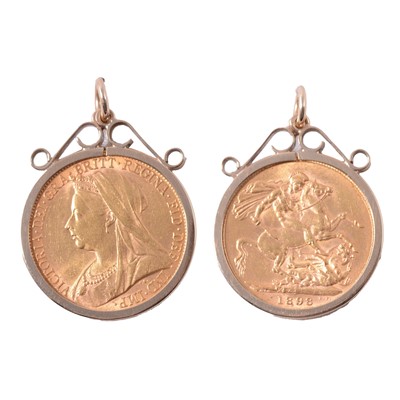 Lot 319 - A Gold Full Sovereign Coin pendant, Victoria Veiled Head 1898.