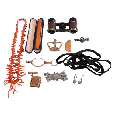 Lot 1294 - A pear shaped crystal pendant, duette clip, twig coral necklace, earrings, cigarette holder.