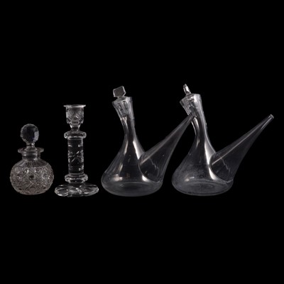 Lot 81 - A leaded stained glass panel, pair of glass candlesticks, porrons, cologne bottle and lidded box.