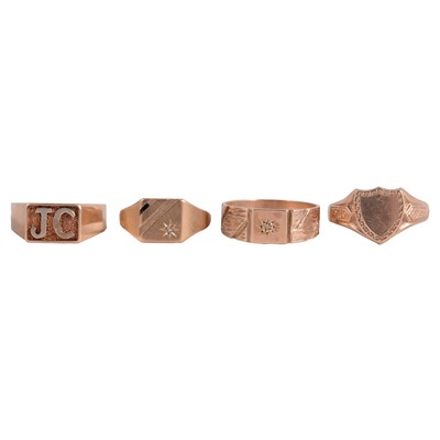 Lot 158 - Four 9 carat yellow gold signet rings, two with diamonds.