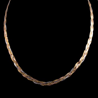 Lot 352A - A 9 carat tri-colour gold plaited necklace, and matching bracelet,.