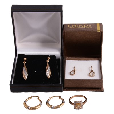 Lot 190 - A gemset ring, and three pairs of earrings for pierced ears.