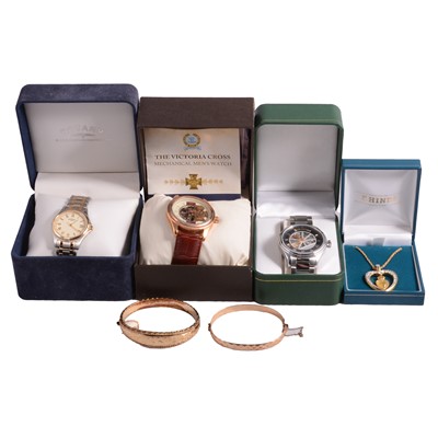 Lot 1316 - Rolled gold half-hinged bangles, four-leaf clover pendant on a chain, and wristwatches.
