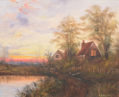 Lot 418 - H A Herbert, River landscape with cottages, a pair