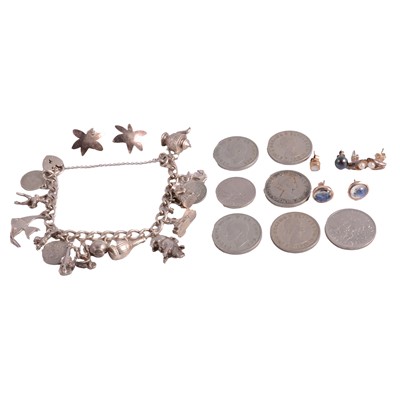 Lot 291 - Silver charm bracelet, coinage, earrings, etc.