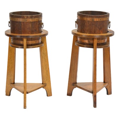 Lot 505 - Pair of oak coopered-barrel form jardinieres on stands