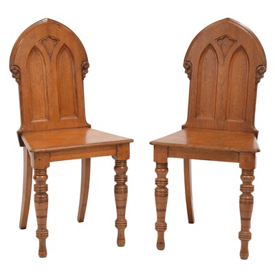 Lot 459 - Pair of late Victorian stained oak and mixed wood back hall chairs