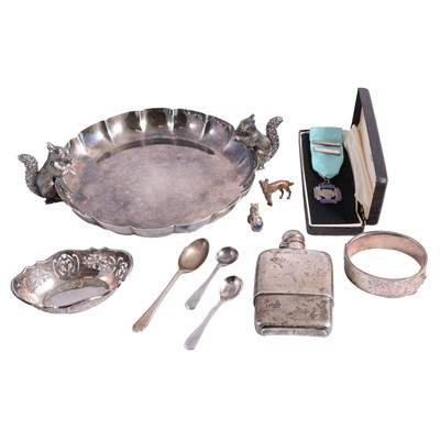 Lot 369 - Victorian silver hip flask, Alexander Clark, London 1896, and other silver and plated items.