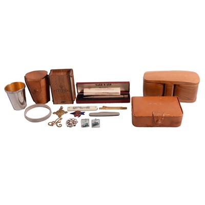 Lot 1315 - Cufflinks, badges, propelling pencil, Parker pen, stirrup cups, penknives, and other items.