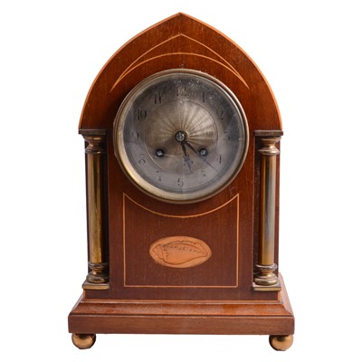 Lot 108 - Edwardian lancet form mahogany and inlaid mantel clock