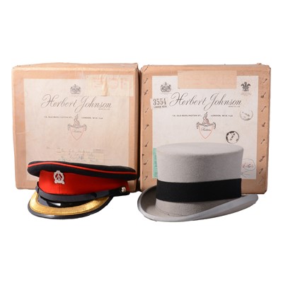 Lot 116 - Moss Bros Grey top hat and gloves; and a military peaked cap