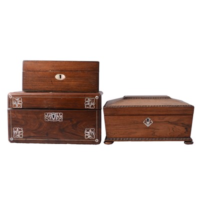Lot 128 - Victorian rosewood and mother of pearl inlaid vanity case, and two other boxes