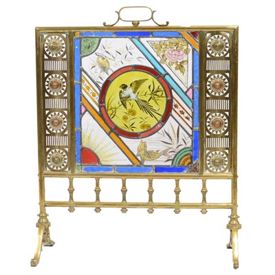 Lot 501 - Victorian Aesthetic Movement brass and stained glass firescreen