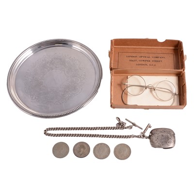 Lot 341 - Silver waiter, Barker Ellis Silver Co, Birmingham 1972, double Albert watch chain, vesta, coins etc.