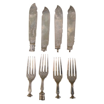 Lot 370A - Set of twelve silver fish knife and fork blades only, (no handles)