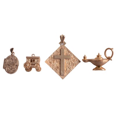 Lot 298 - Two 9 carat yellow gold charms, cross pendant and small locket.