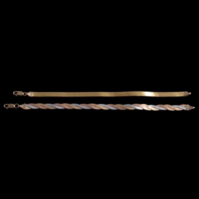 Lot 314 - Two 9 carat multi-colour gold bracelets.