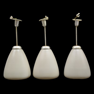 Lot 518 - Four modern pendant lights, with three frosted opaque glass shades