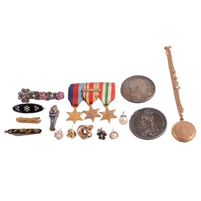 Lot 1277 - A collection of antique and later jewellery, penknife, coins, and miniature medals.
