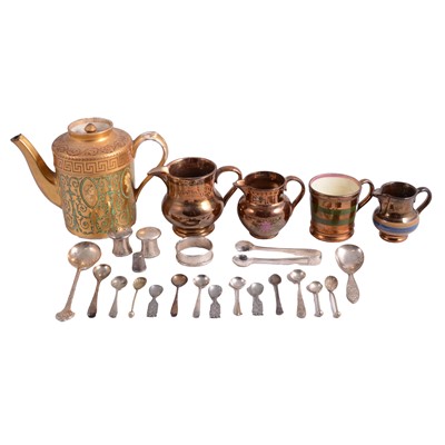 Lot 374 - Continental porcelain gilt teapot, copper lustre ware, and silver and plated flatware