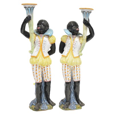 Lot 99 - Pair of floor-standing majolica blackamoor figures, probably Italian