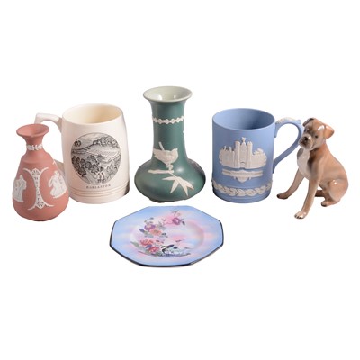 Lot 72 - Two boxes of assorted decorative ceramics including Keith Murray tankard and Wedgwood jasperware