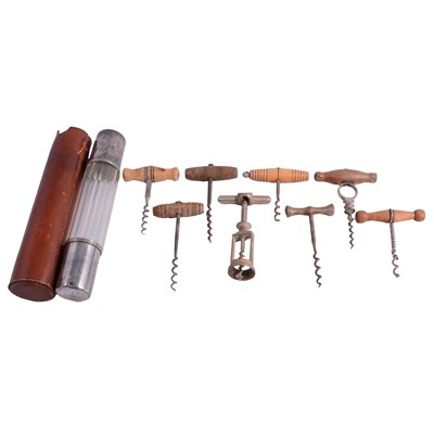 Lot 119 - Collection of corkscrews, 19th-20th century, together with a glass and plated flask