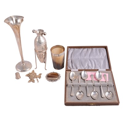 Lot 334 - Set of six silver teaspoons, Henry Williamson Ltd, Birmingham 1921, and other white metal items.