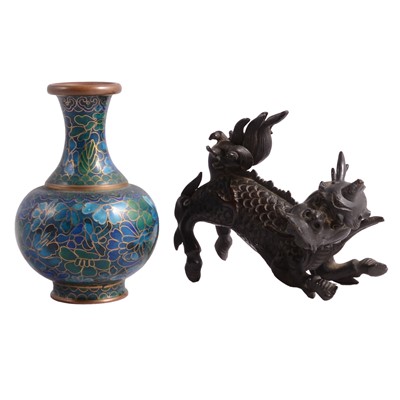 Lot 112 - A small bronze figure of a Qilin, and a small cloisonne vase