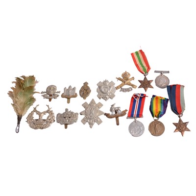 Lot 327 - Medals and badges; World War One War and Victory medals, Italy Star, 1939-1945 Star, War medal, cap badges etc.