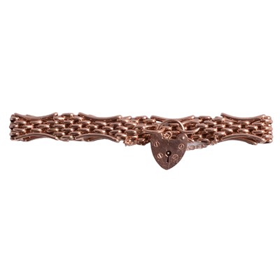 Lot 301 - A rose metal gate link bracelet with padlock fastener.