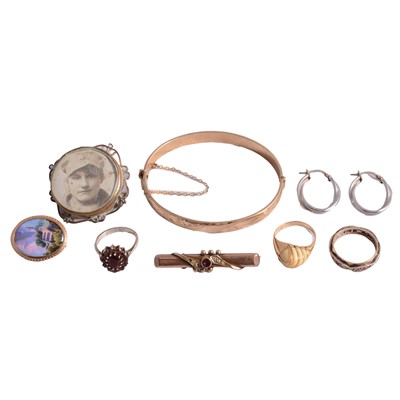 Lot 1208 - Gemset yellow metal and white metal rings, brooches, earrings, and costume jewellery.