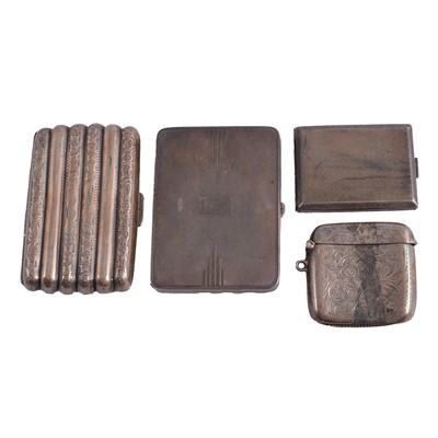 Lot 340 - Two silver cigarette cases, silver matchbook holder, and silver vesta.