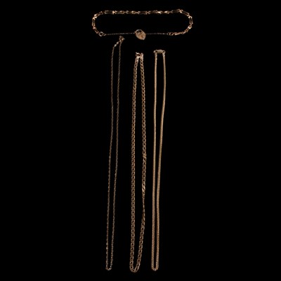 Lot 1121 - Three yellow metal chains and a bracelet.