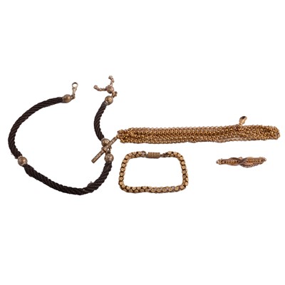 Lot 498 - A natural hair Albert watch chain, guard chain, bracelet, bar brooch.