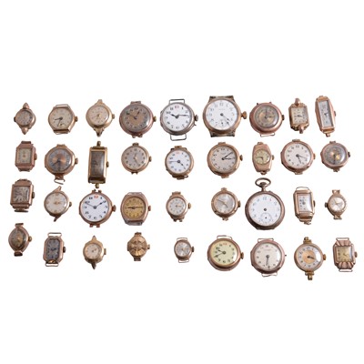 Lot 1110 - Thirty-eight wristwatches, mostly yellow metal cases.