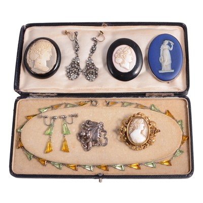 Lot 1161 - Paste earrings, Wedgwood brooch, other brooches, and paste necklace with matching earrings.