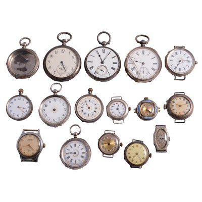 Lot 1115 - A collection of silver and white metal pocket watches, watch parts, and movements.