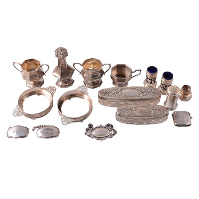 Lot 236 - Silver condiments, two small butter dish rings, silver topped glass trinket pot, metal wine labels