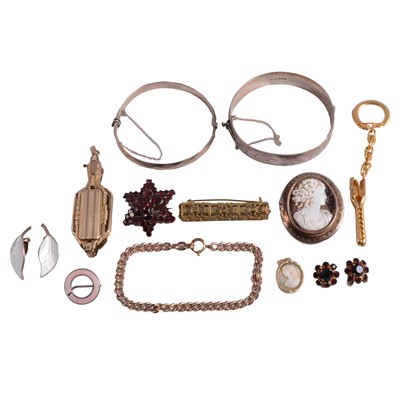 Lot 1265 - A collection of silver, white metal, and costume jewellery, and gold-plated lorgnettes.